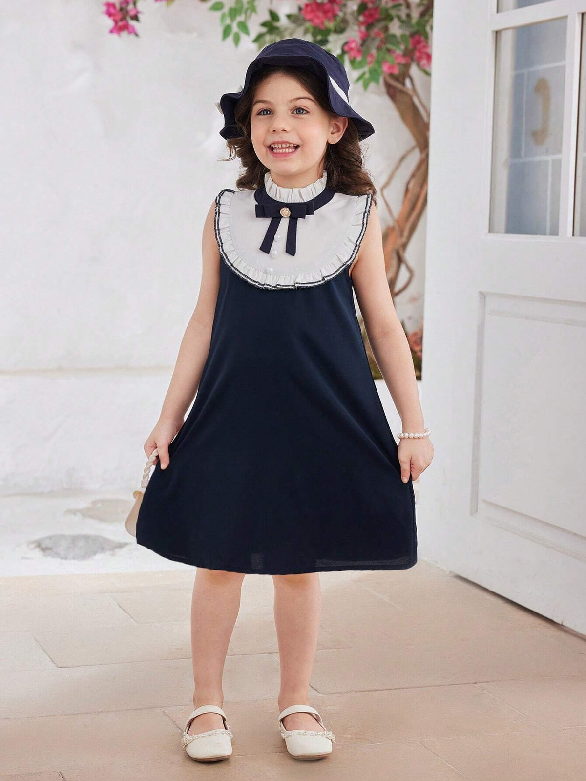 Toddler Girls' Elegant Academy Ladylike Vest Dress With Bowknot Belt, Ruffle Hem And Ribbon-Tied Collar, Deep Blue Color, Knee Length, Comes With Princess Hat. Suitable For Summer, Parties, School, Back-To-School Season, Playing Piano, Attending Weddings.