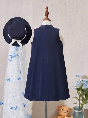 Toddler Girls' Elegant Academy Ladylike Vest Dress With Bowknot Belt, Ruffle Hem And Ribbon-Tied Collar, Deep Blue Color, Knee Length, Comes With Princess Hat. Suitable For Summer, Parties, School, Back-To-School Season, Playing Piano, Attending Weddings.