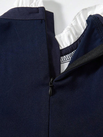 Toddler Girls' Elegant Academy Ladylike Vest Dress With Bowknot Belt, Ruffle Hem And Ribbon-Tied Collar, Deep Blue Color, Knee Length, Comes With Princess Hat. Suitable For Summer, Parties, School, Back-To-School Season, Playing Piano, Attending Weddings.