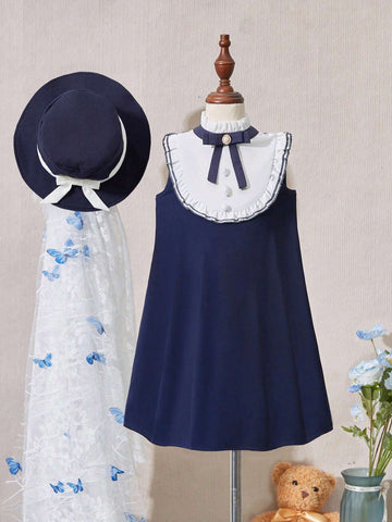 Toddler Girls' Elegant Academy Ladylike Vest Dress With Bowknot Belt, Ruffle Hem And Ribbon-Tied Collar, Deep Blue Color, Knee Length, Comes With Princess Hat. Suitable For Summer, Parties, School, Back-To-School Season, Playing Piano, Attending Weddings.