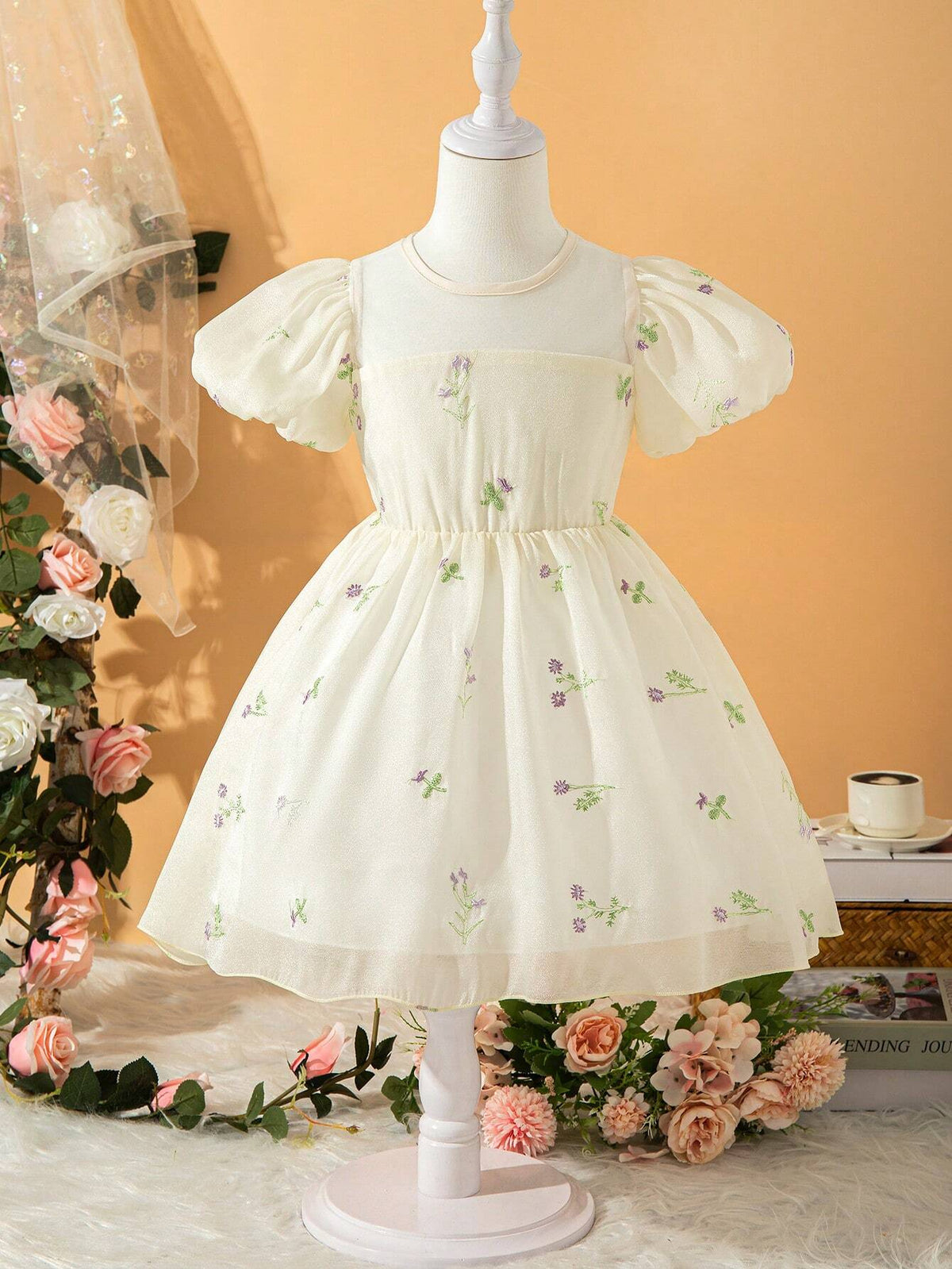 Toddler Girls' Elegant Gorgeous Ladylike Princess Organza 3D Embroidered Floral Puff Sleeves Dress, Perfect For Summer, Weddings, Parties, Picnics And Vacations