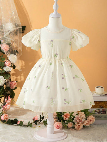 Toddler Girls' Elegant Gorgeous Ladylike Princess Organza 3D Embroidered Floral Puff Sleeves Dress, Perfect For Summer, Weddings, Parties, Picnics And Vacations