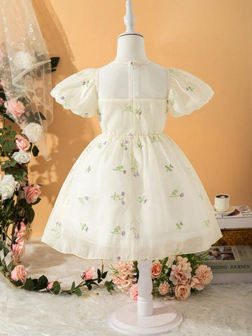 Toddler Girls' Elegant Gorgeous Ladylike Princess Organza 3D Embroidered Floral Puff Sleeves Dress, Perfect For Summer, Weddings, Parties, Picnics And Vacations