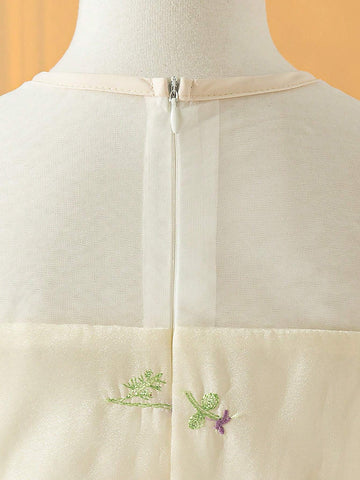 Toddler Girls' Elegant Gorgeous Ladylike Princess Organza 3D Embroidered Floral Puff Sleeves Dress, Perfect For Summer, Weddings, Parties, Picnics And Vacations