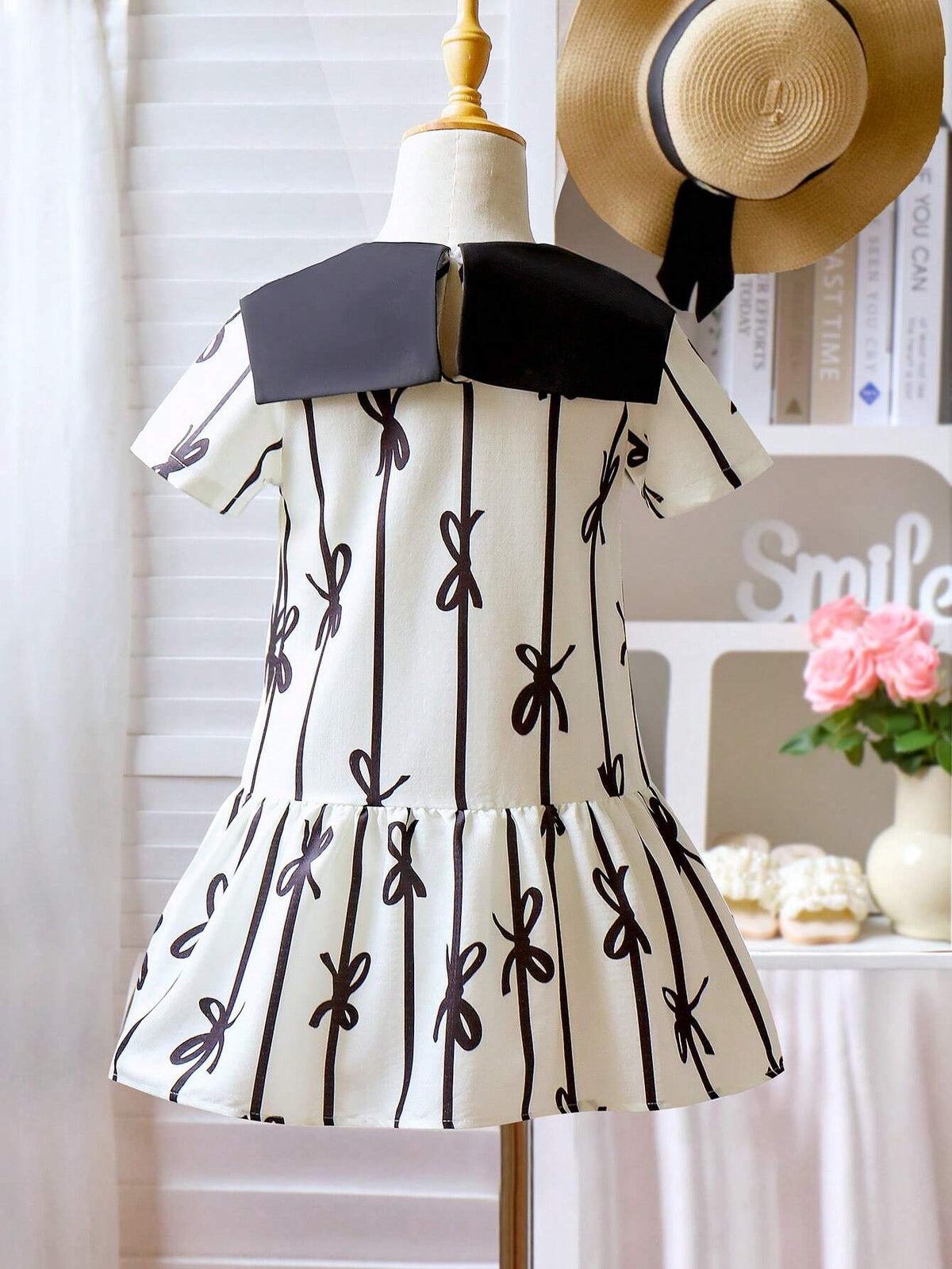 Toddler Girls' Elegant Korean Princess Style Sweet Contrast Butterfly Collar Design, Bowknot Belt & Printed Pattern Short Sleeve Knitted Dress, Knee Length, Perfect For Summer, Going To School, Back To School Season, Commuting, Daily Wear, And Banquets