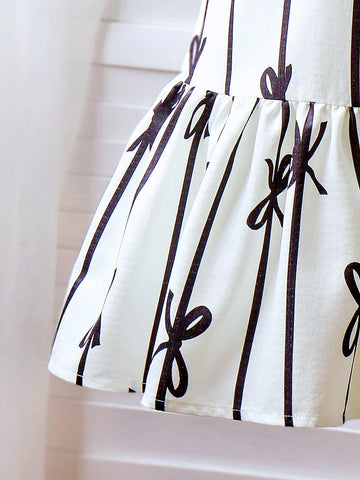 Toddler Girls' Elegant Korean Princess Style Sweet Contrast Butterfly Collar Design, Bowknot Belt & Printed Pattern Short Sleeve Knitted Dress, Knee Length, Perfect For Summer, Going To School, Back To School Season, Commuting, Daily Wear, And Banquets
