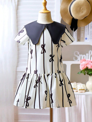 Toddler Girls' Elegant Korean Princess Style Sweet Contrast Butterfly Collar Design, Bowknot Belt & Printed Pattern Short Sleeve Knitted Dress, Knee Length, Perfect For Summer, Going To School, Back To School Season, Commuting, Daily Wear, And Banquets