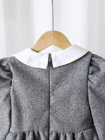 Toddler Girls Elegant Luxury Fashionable Princess 5-D Floral Contrast Color Peter Pan Collar Waisted A-Line Grey Wool Blend Long Sleeve Dress