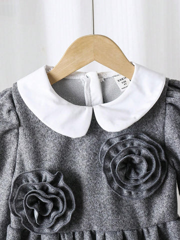 Toddler Girls Elegant Luxury Fashionable Princess 5-D Floral Contrast Color Peter Pan Collar Waisted A-Line Grey Wool Blend Long Sleeve Dress
