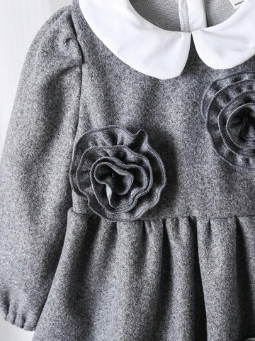 Toddler Girls Elegant Luxury Fashionable Princess 5-D Floral Contrast Color Peter Pan Collar Waisted A-Line Grey Wool Blend Long Sleeve Dress