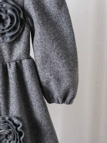Toddler Girls Elegant Luxury Fashionable Princess 5-D Floral Contrast Color Peter Pan Collar Waisted A-Line Grey Wool Blend Long Sleeve Dress