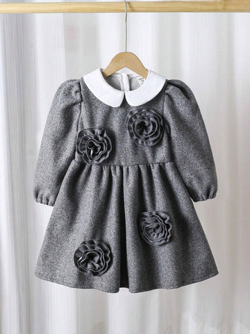 Toddler Girls Elegant Luxury Fashionable Princess 5-D Floral Contrast Color Peter Pan Collar Waisted A-Line Grey Wool Blend Long Sleeve Dress