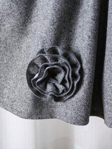 Toddler Girls Elegant Luxury Fashionable Princess 5-D Floral Contrast Color Peter Pan Collar Waisted A-Line Grey Wool Blend Long Sleeve Dress