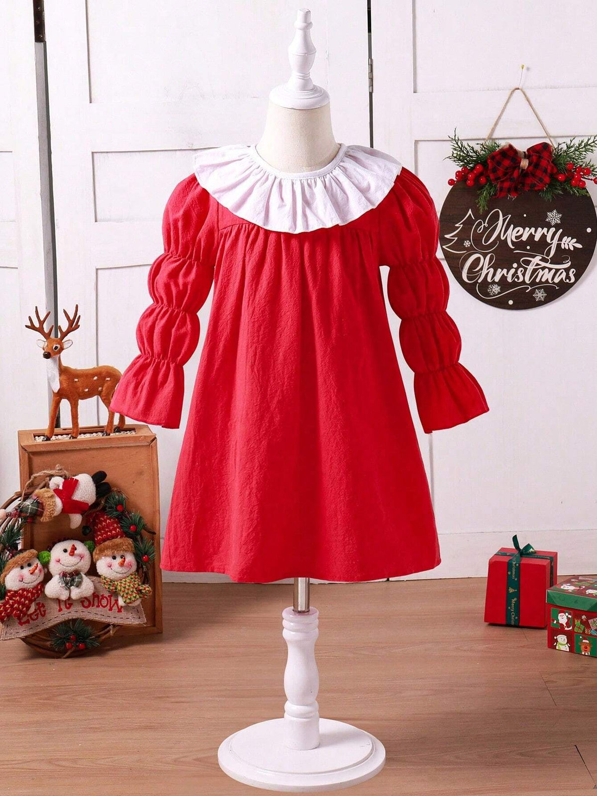 Toddler Girls' Elegant Pleated Peter Pan Collar Colorblock Puff Sleeve A-Line Dress, Red & White, Christmas Party, New Arrival, Autumn & Winter