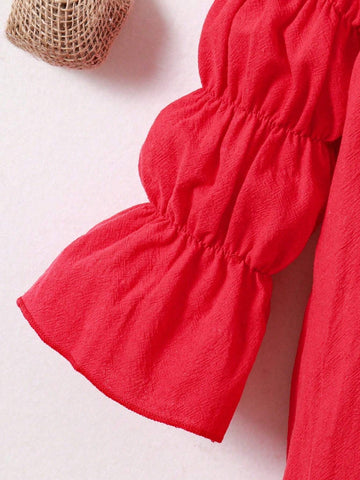 Toddler Girls' Elegant Pleated Peter Pan Collar Colorblock Puff Sleeve A-Line Dress, Red & White, Christmas Party, New Arrival, Autumn & Winter