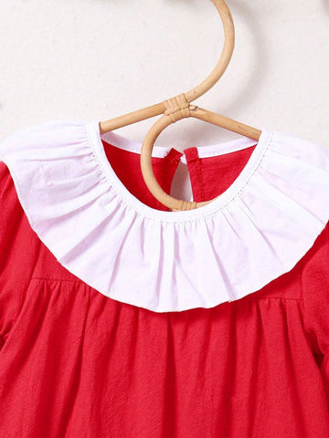 Toddler Girls' Elegant Pleated Peter Pan Collar Colorblock Puff Sleeve A-Line Dress, Red & White, Christmas Party, New Arrival, Autumn & Winter