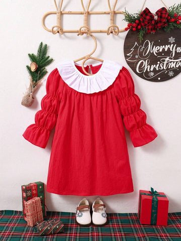 Toddler Girls' Elegant Pleated Peter Pan Collar Colorblock Puff Sleeve A-Line Dress, Red & White, Christmas Party, New Arrival, Autumn & Winter