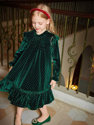 Toddler Girls Elegant Velvet Rhinestone Embellished Green Party Dress, Suitable For Festive Occasions