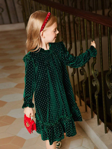 Toddler Girls Elegant Velvet Rhinestone Embellished Green Party Dress, Suitable For Festive Occasions