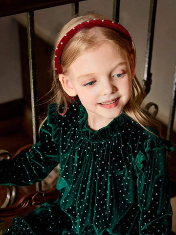 Toddler Girls Elegant Velvet Rhinestone Embellished Green Party Dress, Suitable For Festive Occasions