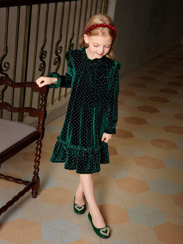 Toddler Girls Elegant Velvet Rhinestone Embellished Green Party Dress, Suitable For Festive Occasions