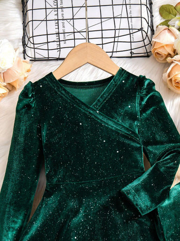 Toddler Girls'' Elegant Velvet V-Neck Long Sleeve A-Line Dress + Bag, Christmas & Party Wear, Autumn/Winter