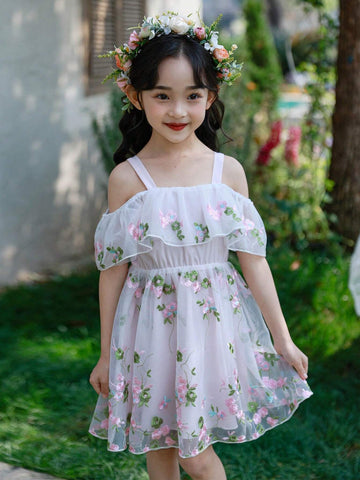 Toddler Girls" Embroidered Princess Dress, Off Shoulder Puff Ball Gown, Ideal For Weddings, Flower Girls, Or Beach Vacations