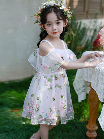 Toddler Girls" Embroidered Princess Dress, Off Shoulder Puff Ball Gown, Ideal For Weddings, Flower Girls, Or Beach Vacations