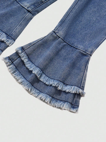 Toddler Girls Faded Funny Cute Distressed Basic Casual Outdoor School Spirit Flared Jeans, Comfortable Slim Fit Adorable Floral Embroidered Washed Denim Pants For Daily Leisure Wear