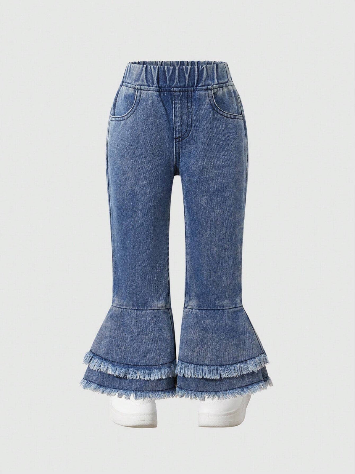 Toddler Girls Faded Funny Cute Distressed Basic Casual Outdoor School Spirit Flared Jeans, Comfortable Slim Fit Adorable Floral Embroidered Washed Denim Pants For Daily Leisure Wear