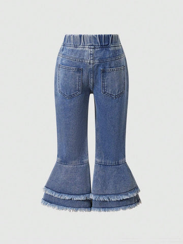 Toddler Girls Faded Funny Cute Distressed Basic Casual Outdoor School Spirit Flared Jeans, Comfortable Slim Fit Adorable Floral Embroidered Washed Denim Pants For Daily Leisure Wear