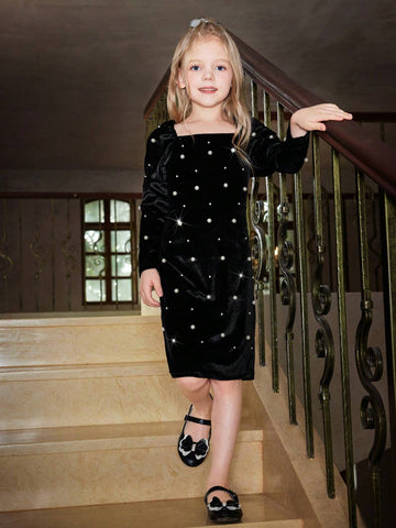 Toddler Girls' Fashion Casual Basic Sweet Elegant Fitted Velvet Dress With Shiny Gold Coating Material, Suitable For Travel, Shopping, Vacation, Party, Daily Wear, Spring, Autumn And Winter.
