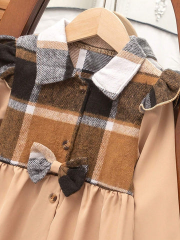 Toddler Girls' Fashion Casual Long Sleeve Lapel Bow-Knot Plaid Patchwork Dress