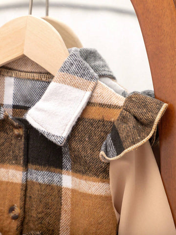Toddler Girls' Fashion Casual Long Sleeve Lapel Bow-Knot Plaid Patchwork Dress