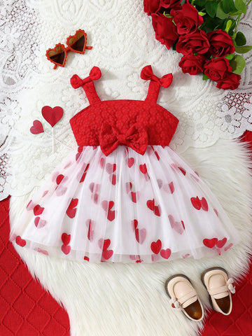 Toddler Girls' Fashion Cute Bow Decor Open Back Spaghetti Strap Heart Embroidery Mesh Princess Dress
