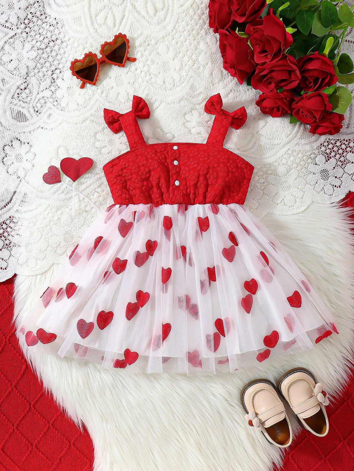 Toddler Girls' Fashion Cute Bow Decor Open Back Spaghetti Strap Heart Embroidery Mesh Princess Dress