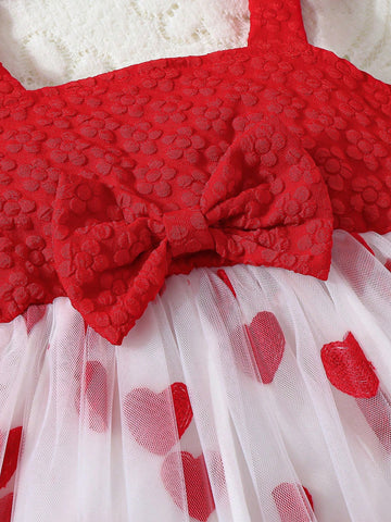 Toddler Girls' Fashion Cute Bow Decor Open Back Spaghetti Strap Heart Embroidery Mesh Princess Dress