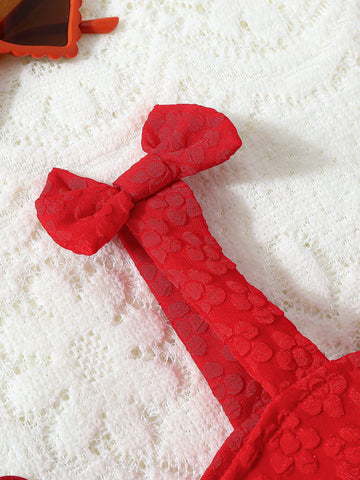 Toddler Girls' Fashion Cute Bow Decor Open Back Spaghetti Strap Heart Embroidery Mesh Princess Dress