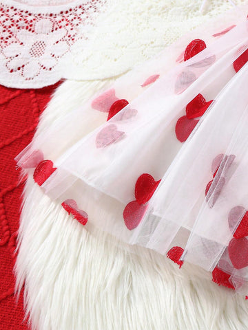 Toddler Girls' Fashion Cute Bow Decor Open Back Spaghetti Strap Heart Embroidery Mesh Princess Dress