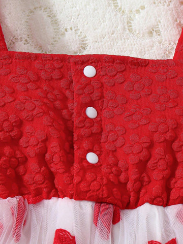 Toddler Girls' Fashion Cute Bow Decor Open Back Spaghetti Strap Heart Embroidery Mesh Princess Dress