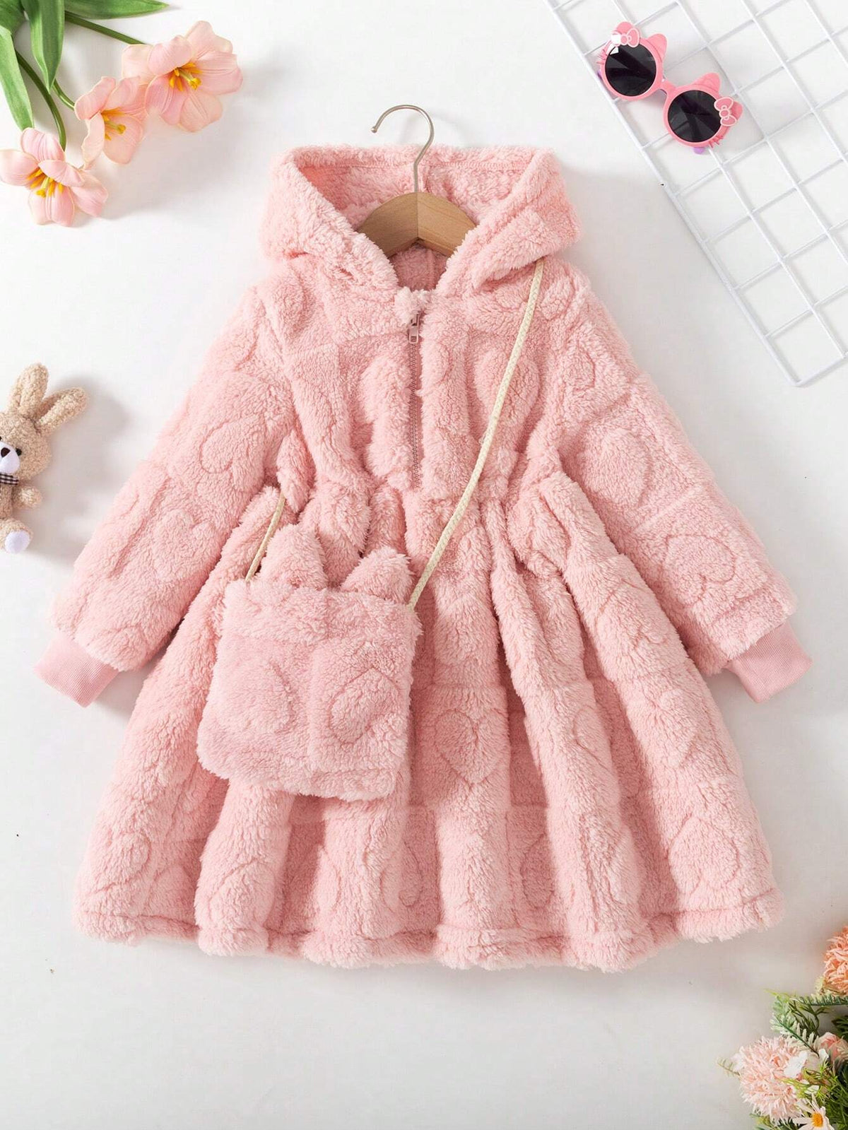 Toddler Girls Fashion Plush Hooded Warm Long Dress With Cinched Waist & Bag, Autumn/Winter