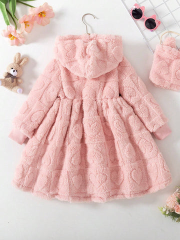 Toddler Girls Fashion Plush Hooded Warm Long Dress With Cinched Waist & Bag, Autumn/Winter
