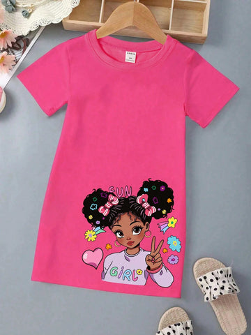 Toddler Girls' Fashionable And Cute Short Sleeve T-Shirt Dress With Bowknot And Little Girl Print