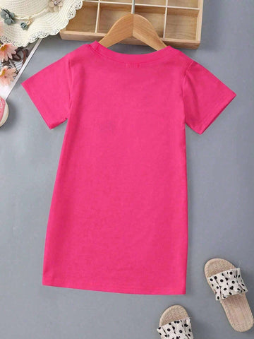 Toddler Girls' Fashionable And Cute Short Sleeve T-Shirt Dress With Bowknot And Little Girl Print