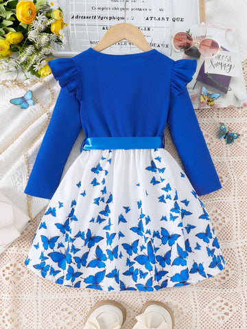 Toddler Girls' Fashionable Cap Sleeve Butterfly Print A-Line Dress With Belt, Spring & Autumn