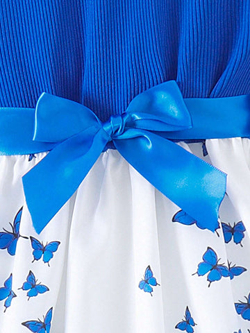 Toddler Girls' Fashionable Cap Sleeve Butterfly Print A-Line Dress With Belt, Spring & Autumn