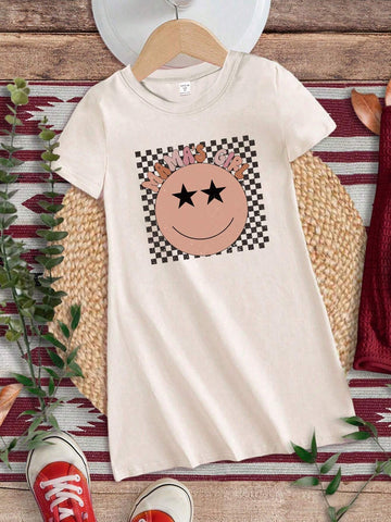 Toddler Girls' Fashionable Casual Checkerboard Face & Letter Print Short Sleeve T-Shirt Dress