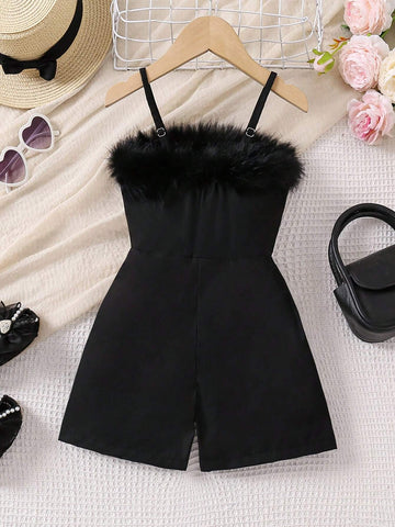 Toddler Girls' Fashionable Casual Patchwork Furry Jumpsuit