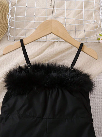 Toddler Girls' Fashionable Casual Patchwork Furry Jumpsuit