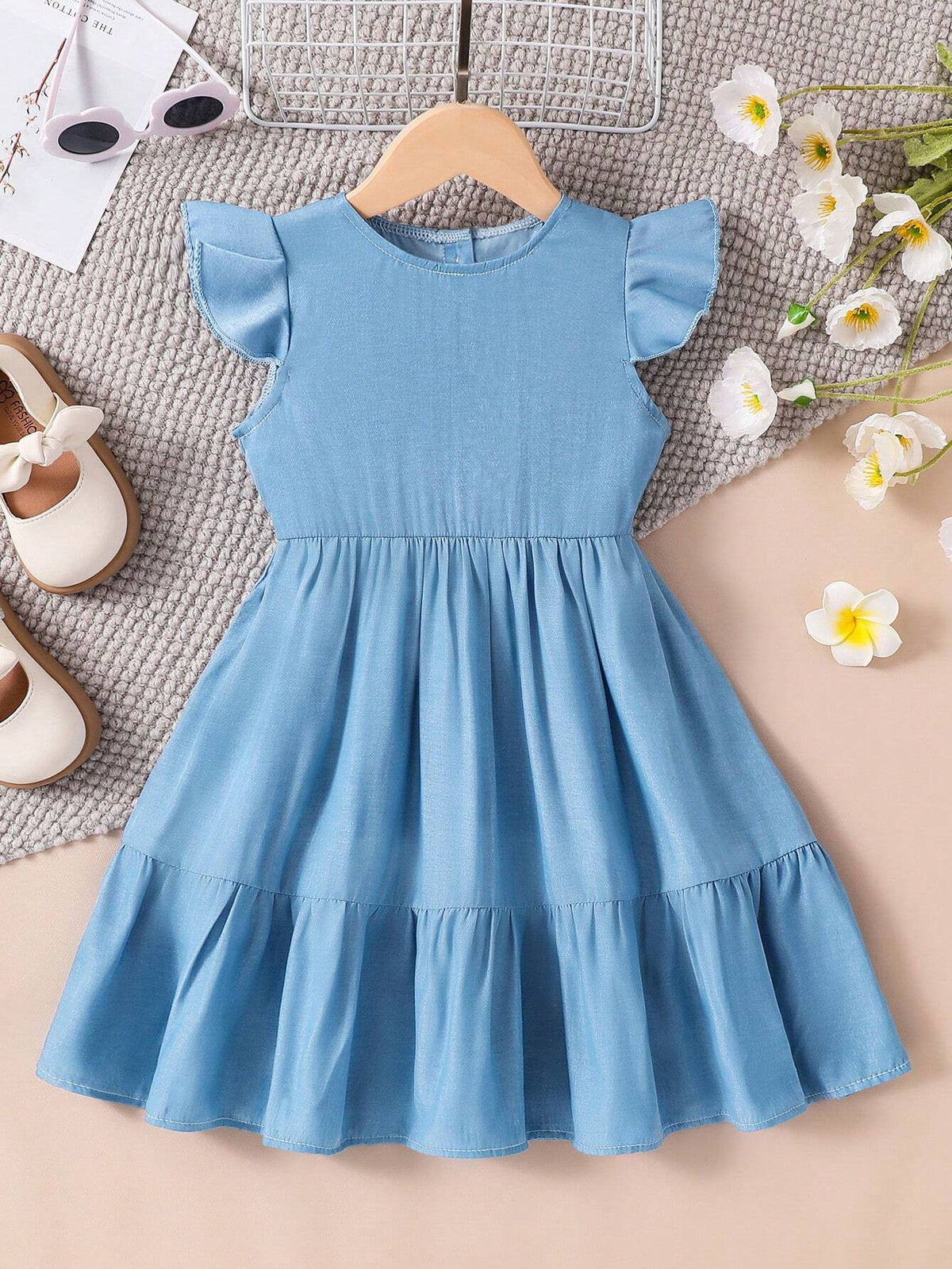 Toddler Girls Fashionable Casual Round Neck Cap Sleeve Patchwork Denim Look Dress, Summer